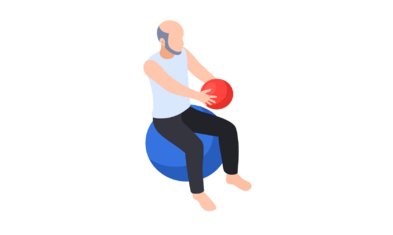 cvičenie pre seniorov - muž sediaci na fitlopte s overball loptou